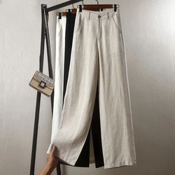 Women's Cotton Linen Straight Trousers Elastic High Waist Wild Wide Leg Pants Female Spring Summer Solid Color Loose Linen Pants