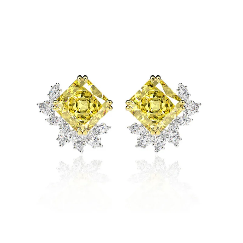 OEVAS 10x10mm 11 Carats Square Yellow 5A Zircon Flower Stud earrings for women S925 Sterling Silver Wedding party Bride jewelry