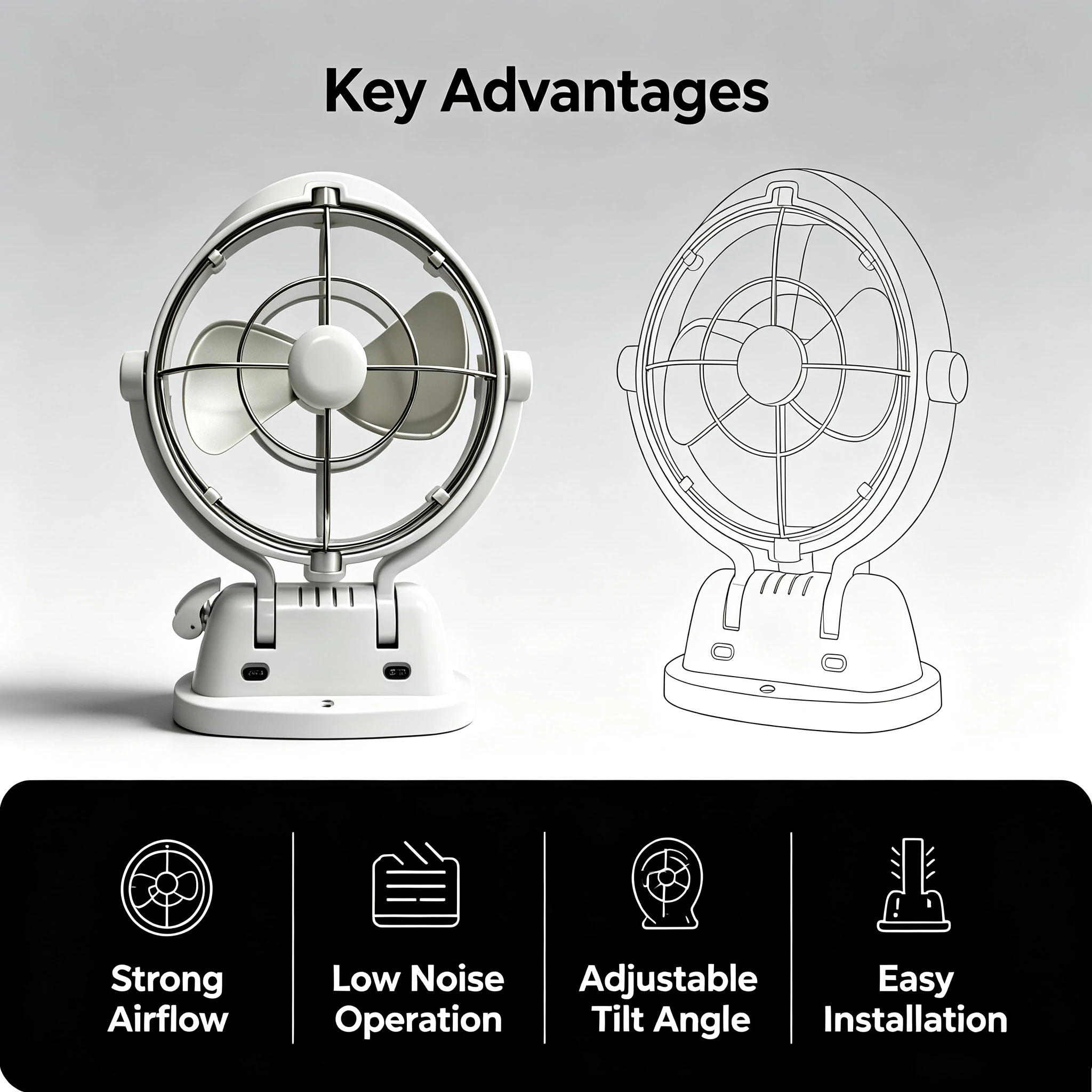 RV‑Special 12V/24V Remote Control Small Fan, 3‑Speed Adjustable Dual‑Color Black & White Cooling Fan, Low‑Noise DC Fan