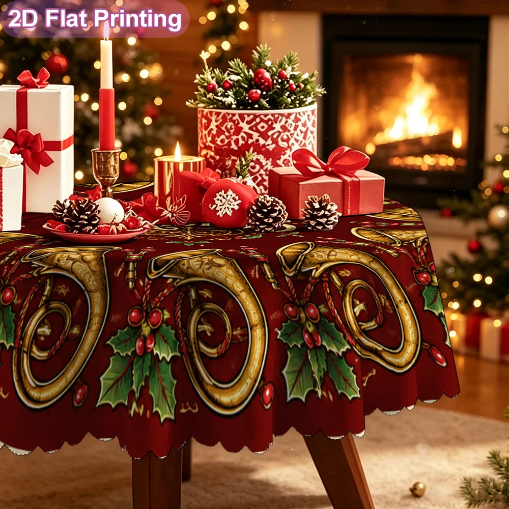 2D flat single-piece tablecloth, Merry Christmas trumpet horn holly round pad
