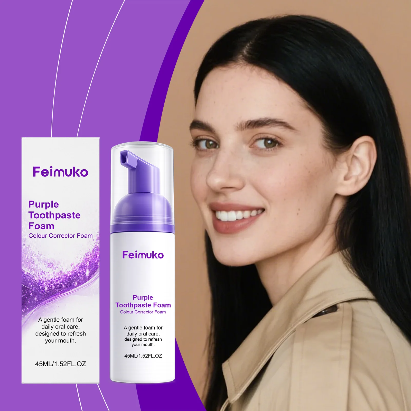 Feimuko Purple Toothpaste Foam Colour Corrector Teeth Whitening Remove Yellow Stain Fresh Breath Deep Cleaning Oral Care Mousse