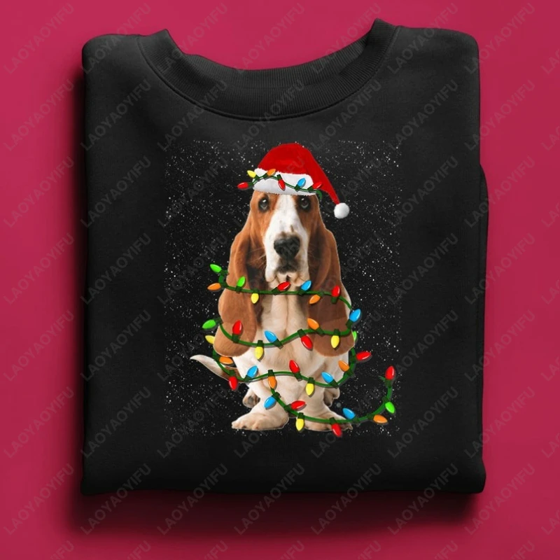 

Basset Hound Christmas Funny Dog Lovers Gift Winter Pullover Festival Christmas Cute Xmas Hat Graphic Unisex Adult Sweatshirt
