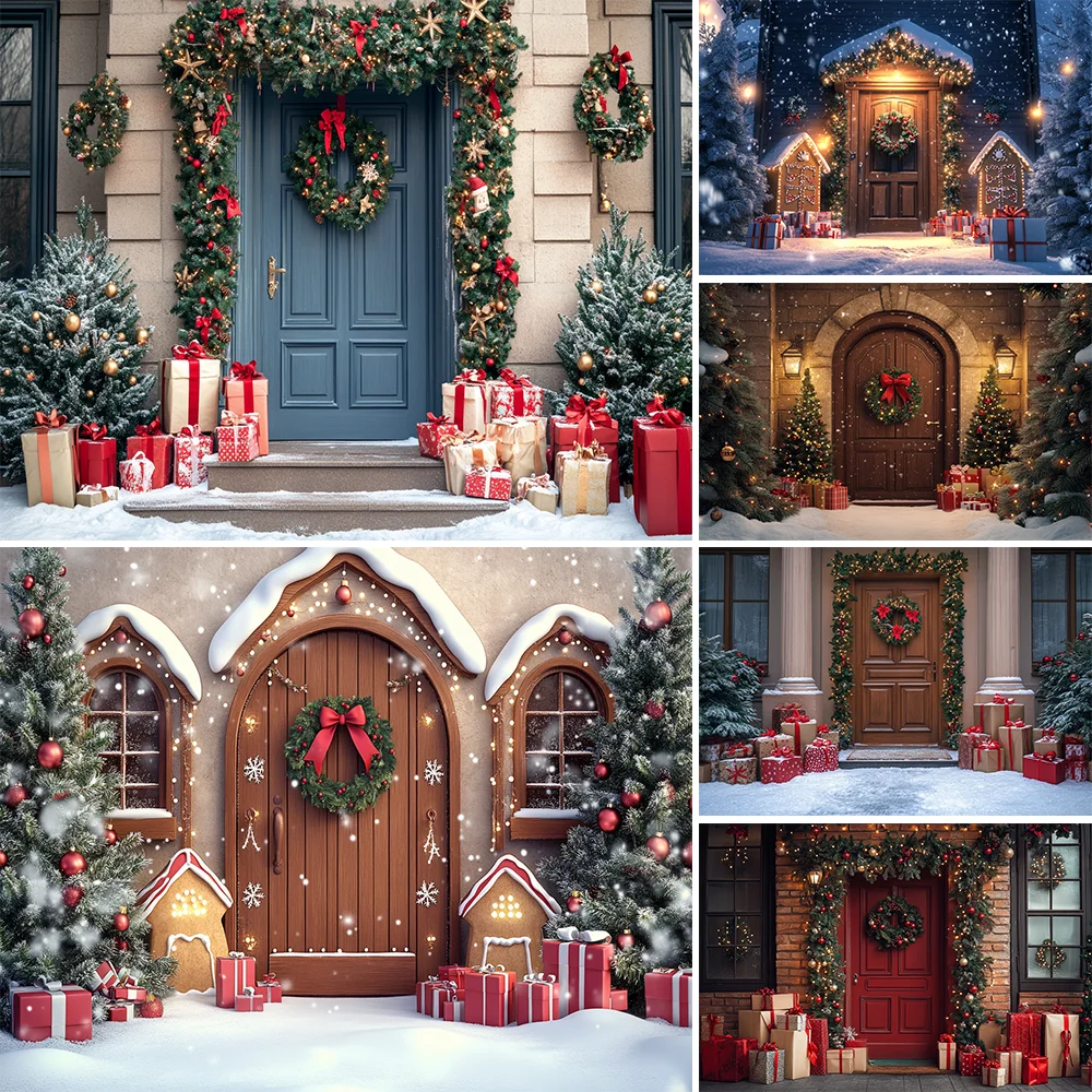 

Photography Background Winter Christmas Wooden Door Forest Xmas Tree Kids Family Portrait Decor Backdrop Photo Studio