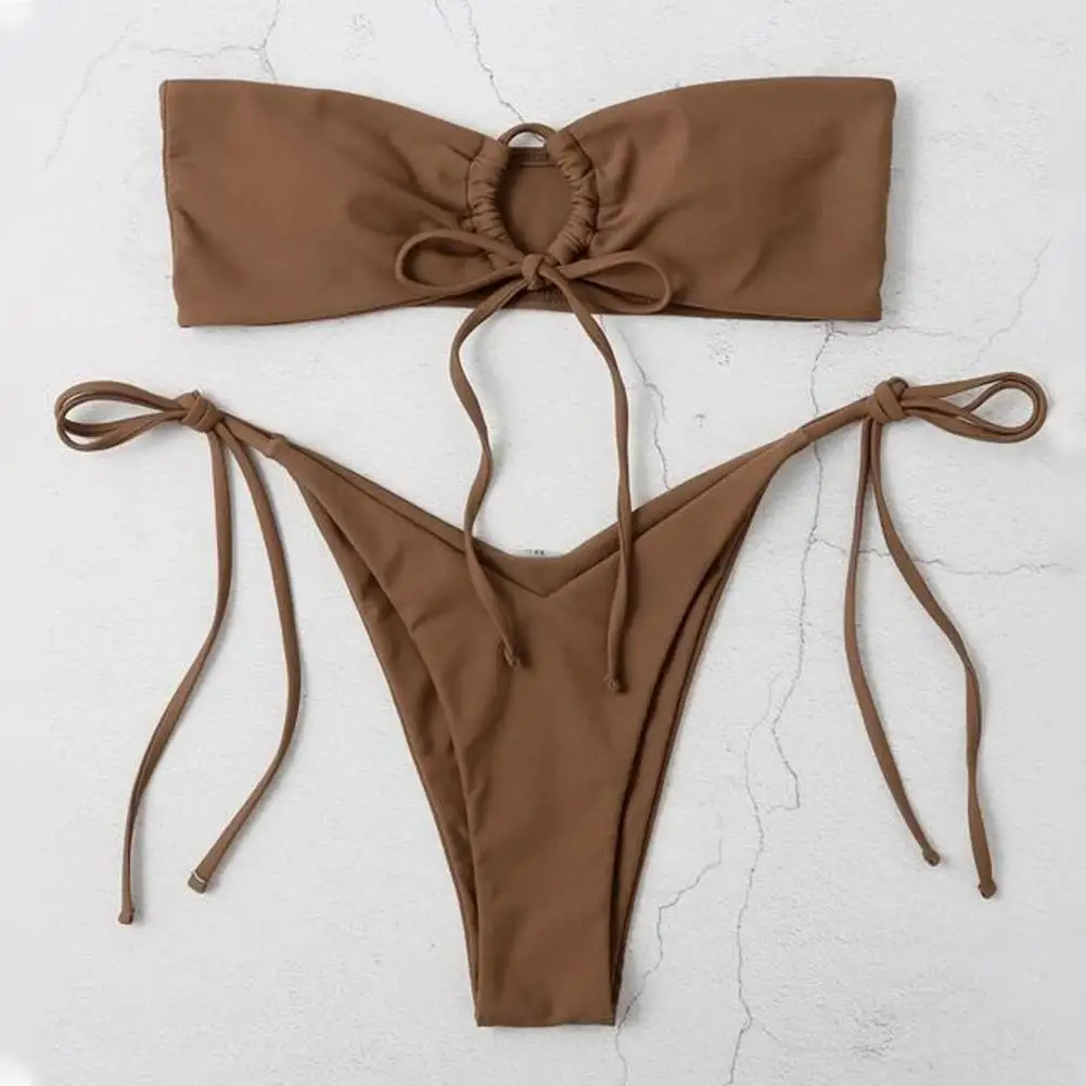 Conjunto de Bikini Sexy con anillo redondo para mujer, Top de tubo Bandeau, sujetador acolchado, braguitas de cintura alta con cordones, Micro traje