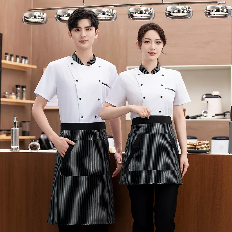 Giacca da cuoco da uomo nuova Abbigliamento da cuoco Camicie uniformi Manica corta Ristorante Hotel Costume da cucina Cappotto da cuoco Grembiule unisex