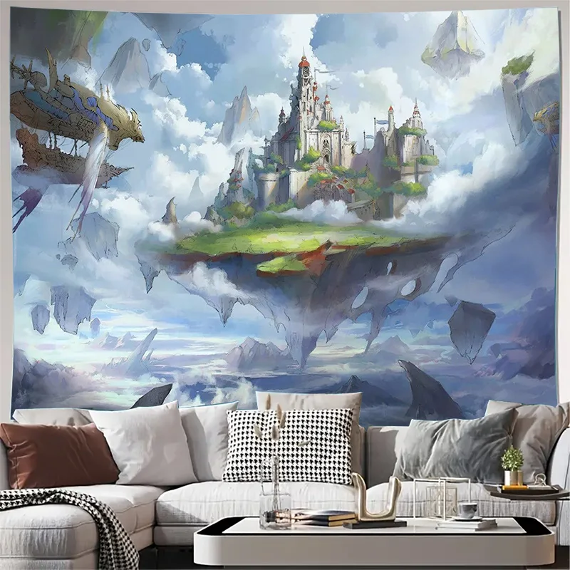 Whimsical Floating Kingdom Tapestry: Fantasy Cloud Island Castle Wall Decor Art for Living Room