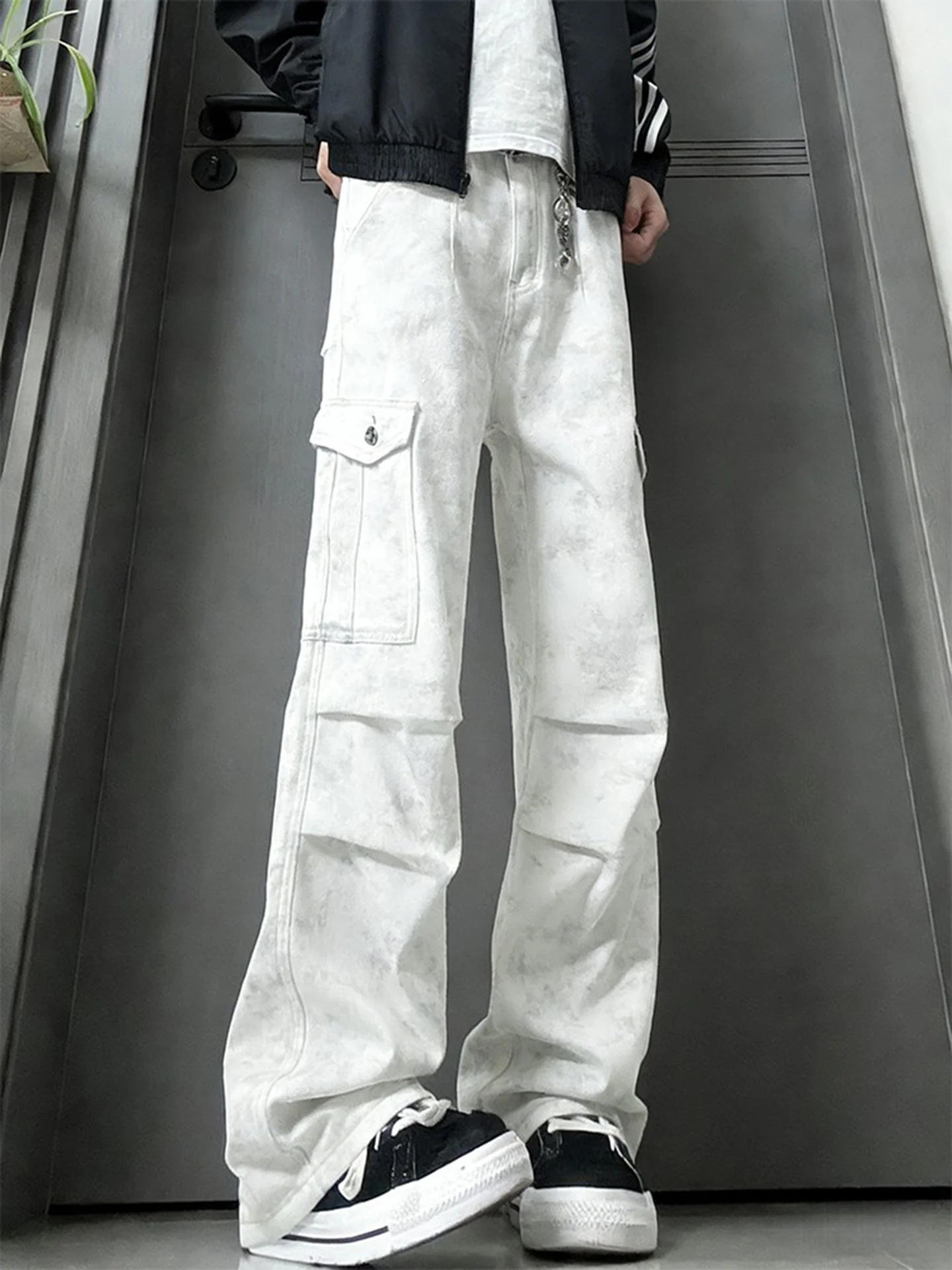 

American Dyed White Jeans Men's Design Large ket Workwear Pants Cleanfit Knife Casual Straight Leg Jeans