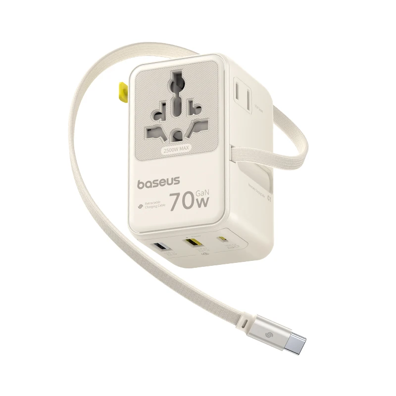 Baseus GaN Ladegerät, universeller Reiseadapter, integriertes 70 W einziehbares Kabel, 2 AC, 2 USB-A Typ-C, Schnellladung, EU/UK/USA/AUS