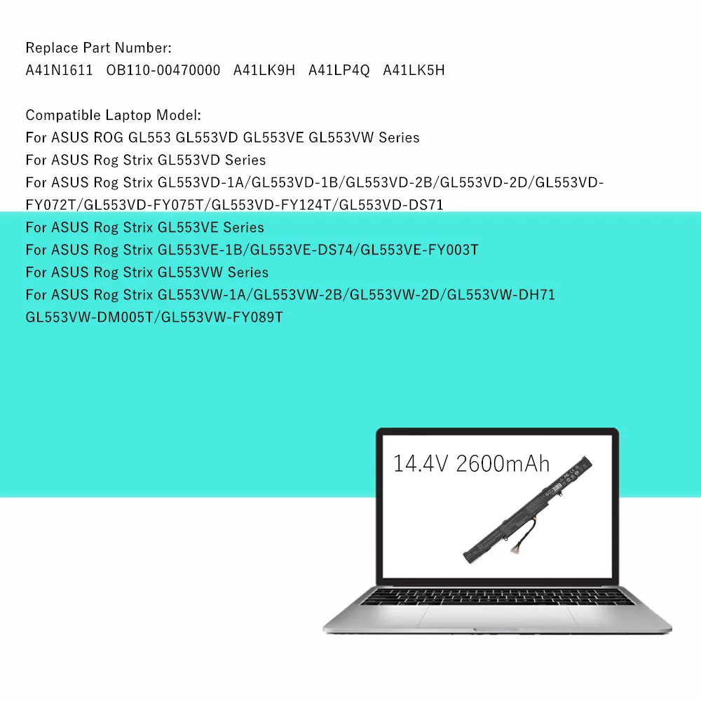 A41N1611 Laptop Battery For Asus GL553VD GL553VW GL753V FX53VD ZX53VD A41LK9H A41LP4Q A41LK5H OB110-00470000