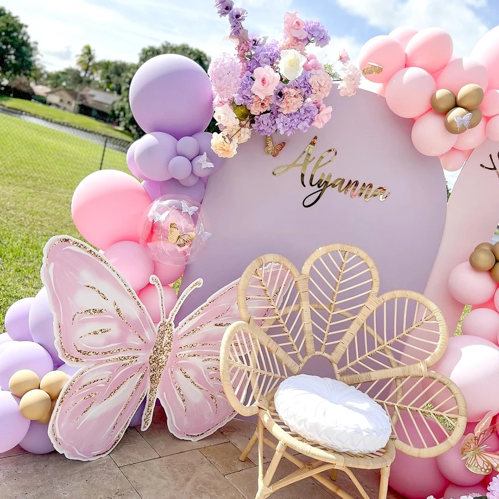 Pastel Pink Purple Balloon Garland Kit Gold Butterfly Cutouts Props DIY Birthday Baby Shower Wedding Party Decor Backdrop