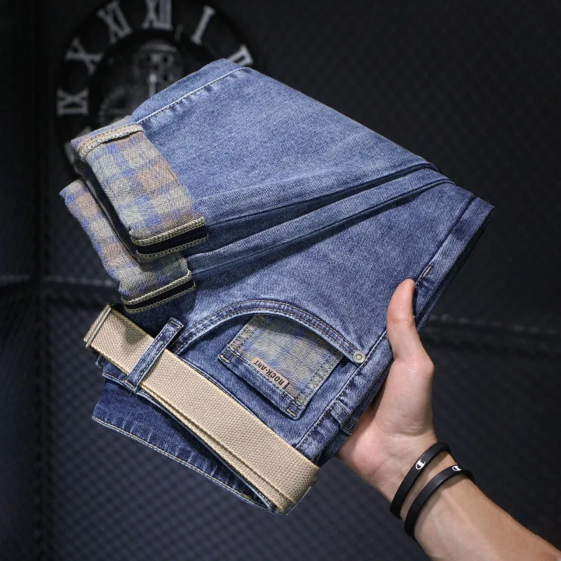 2024 Spring and Summer Blue Jeans Men's Slim Fit Small Sole Printed Casual Soft Stretch All-Matching Cropped Pants