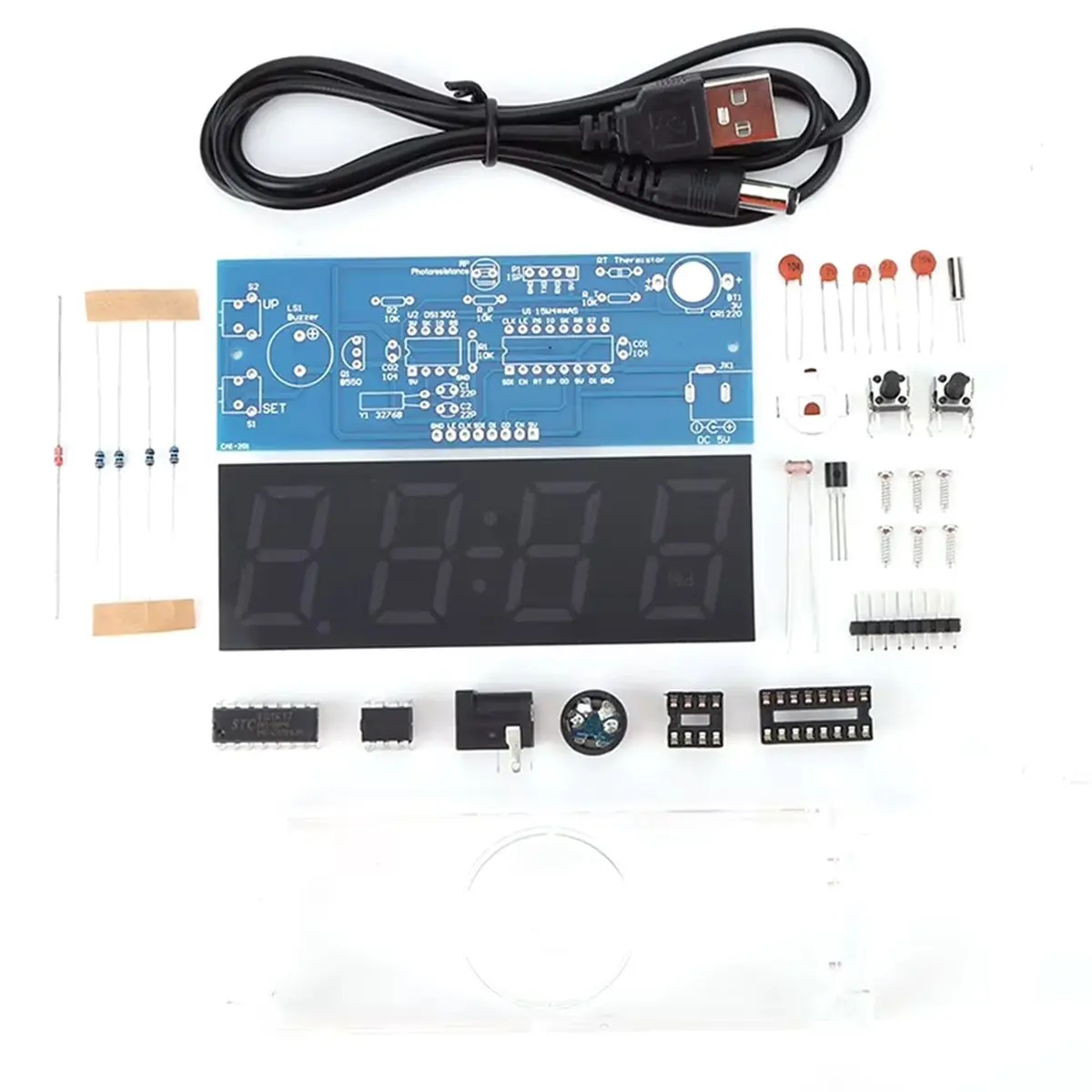 

Набор для самостоятельной сборки цифровых часов: отображение даты, дня недели, температуры, будильник. Проект для пайки, обучения и практики. Электронный набор для самостоятельной сборки.