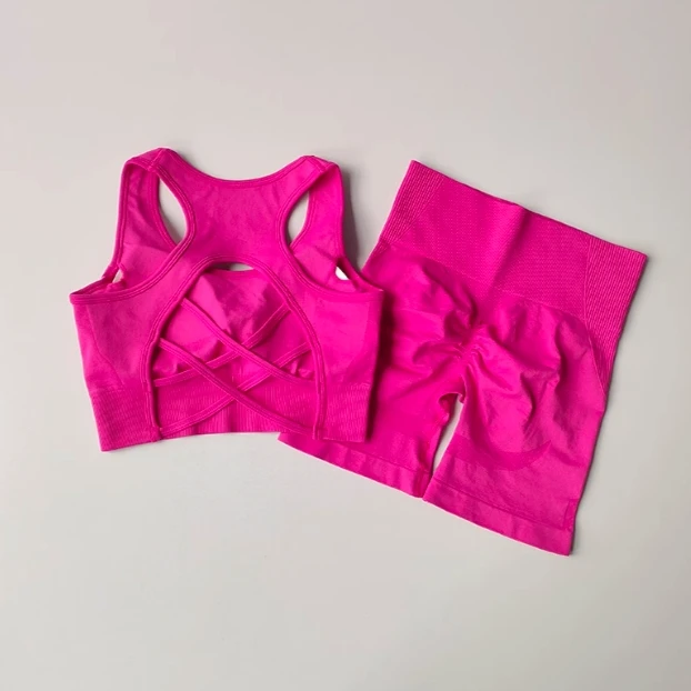 Yoga-Trainingsset für Damen, kombiniert mit gerafftem Rücken und hochtaillierten, hüftformenden Sportshorts – Detail 10