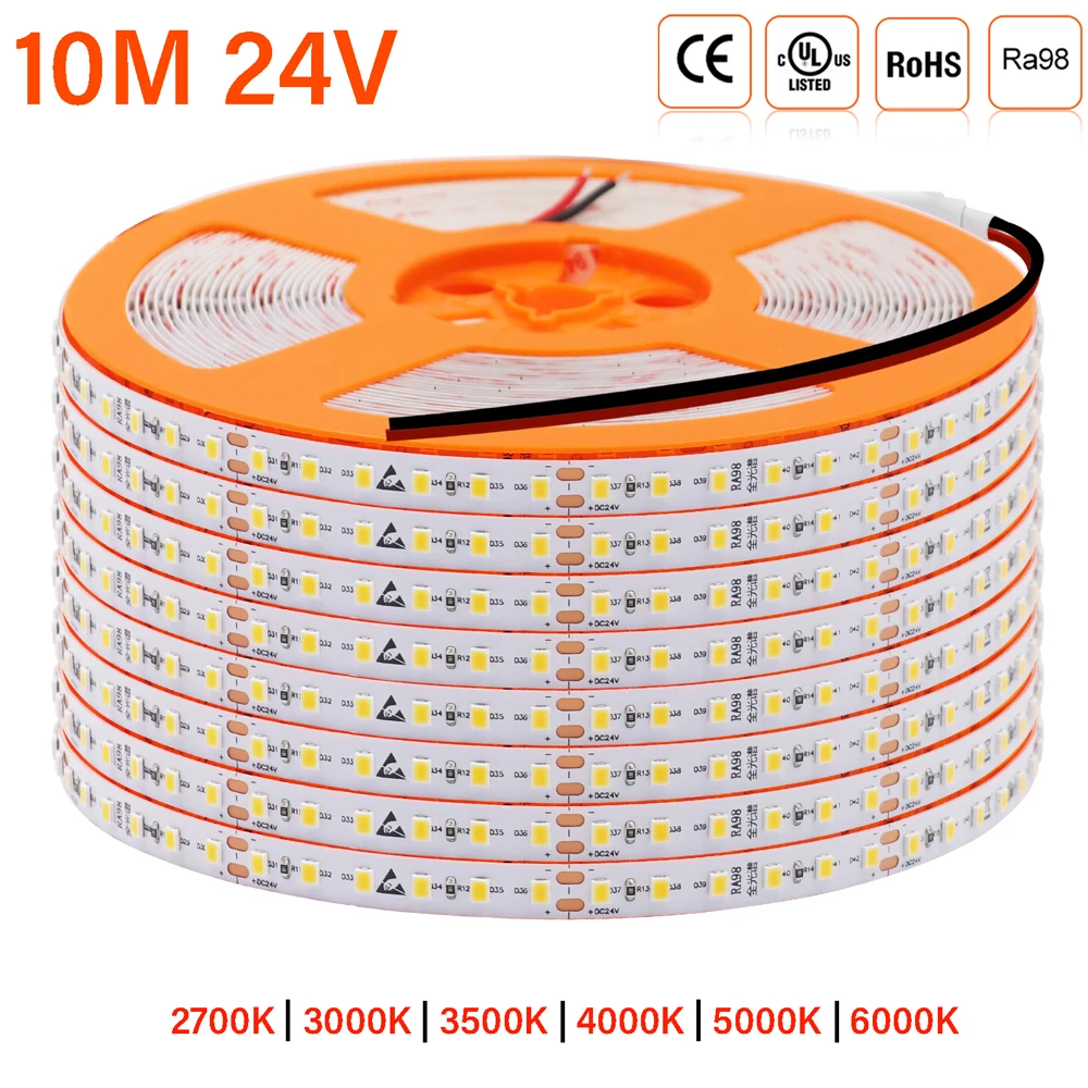 

10M LED Strip 24V 2835 120LEDs/m Flexible Tape Home Lamp Strip Ra98 2700K 3000K 3500K 4000K 5000K 6000K White for Decor Lighting