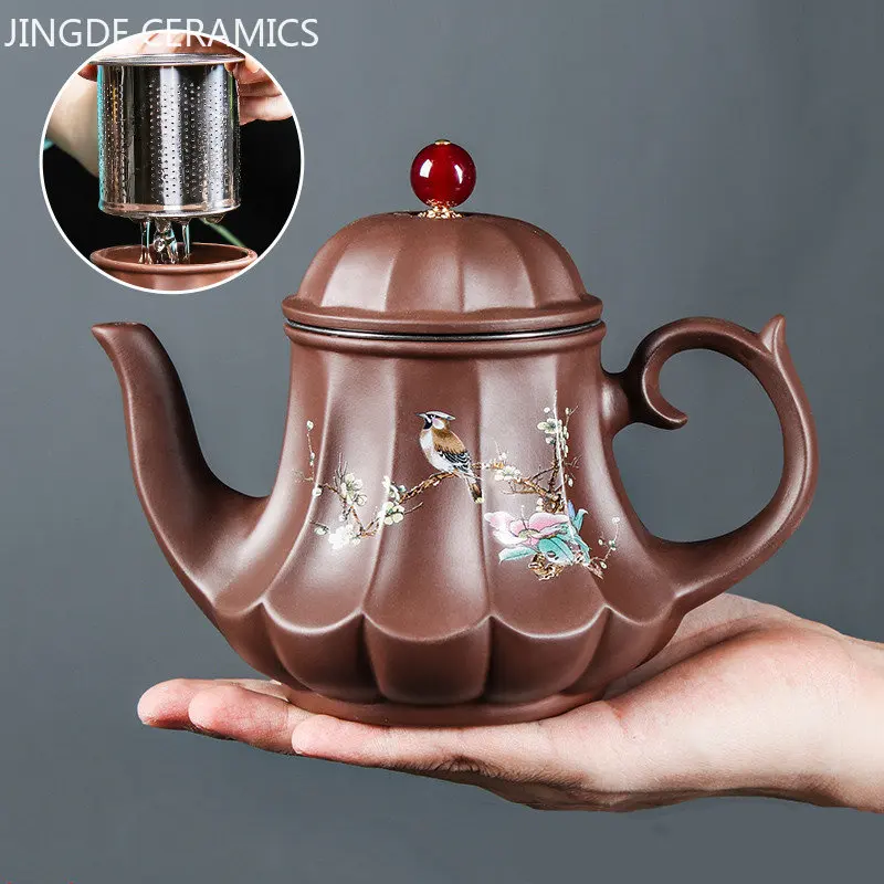 

Chinese Yixing Purple Clay Teapot Large Capacity Flowers and Birds Tea Kettle Stainless Steel Filter Tea Infuser Zisha Tea Set