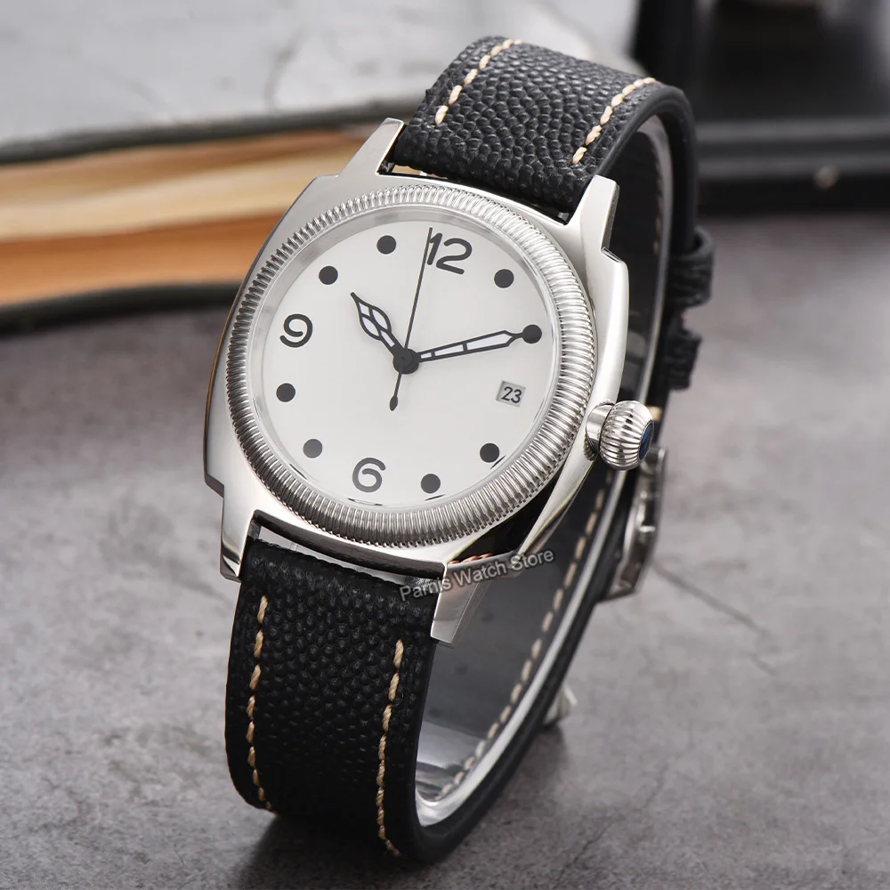 38mm Silver Color Solid Stainless Steel Case White Dial 5ATM Water Resistance Mechanical Men Slim Watch