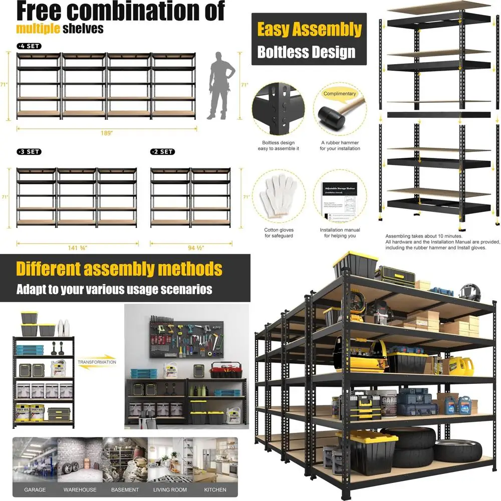 

47x23.6x71 5-Tier Heavy-Duty Adjustable Metal Storage Shelves - 4-Pack for Garage, Utility, Pantry, Kitchen, Black