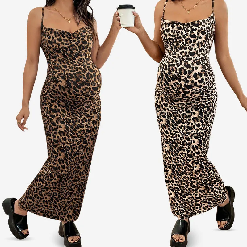 

Summer Maternity Dresses Long Sleeveless Sexy Leopard Print Maternity Dress Photoshoot Halter Skirt Pregnancy Dresses