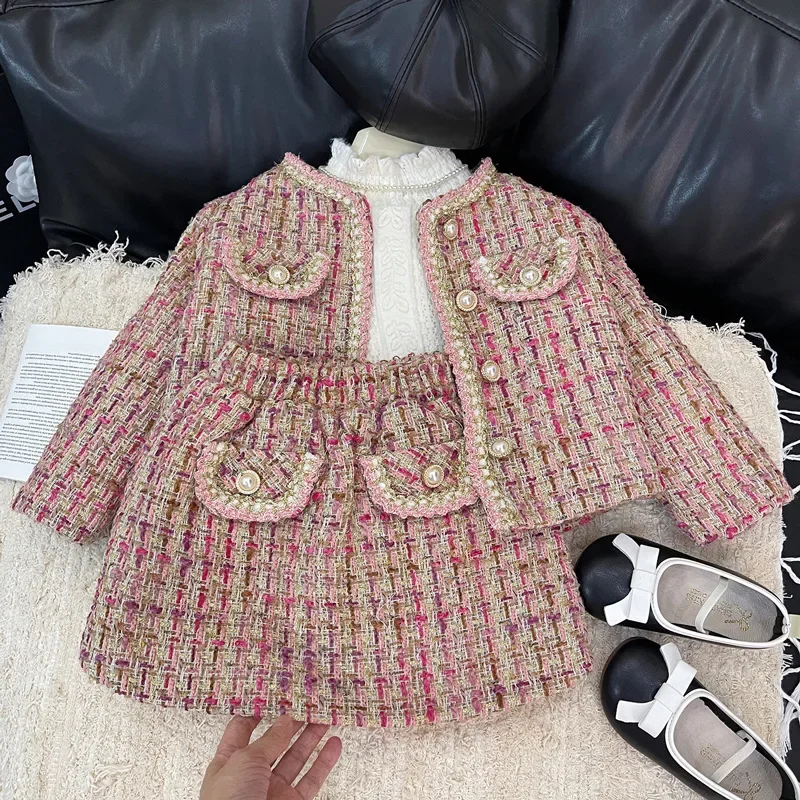 2024 New Style Girls' Chanel Style Suit Spring and Autumn Long-sleeved Jacket + Short Skirt 2-piece Suit Outer Wear Casual