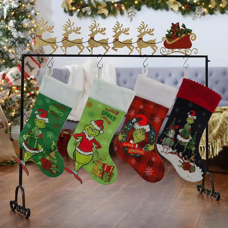 New Christmas Tree Decoration Green Grinch Christmas Socks Children's Christmas Gifts Chair Decorations Large Socks Candy Bags