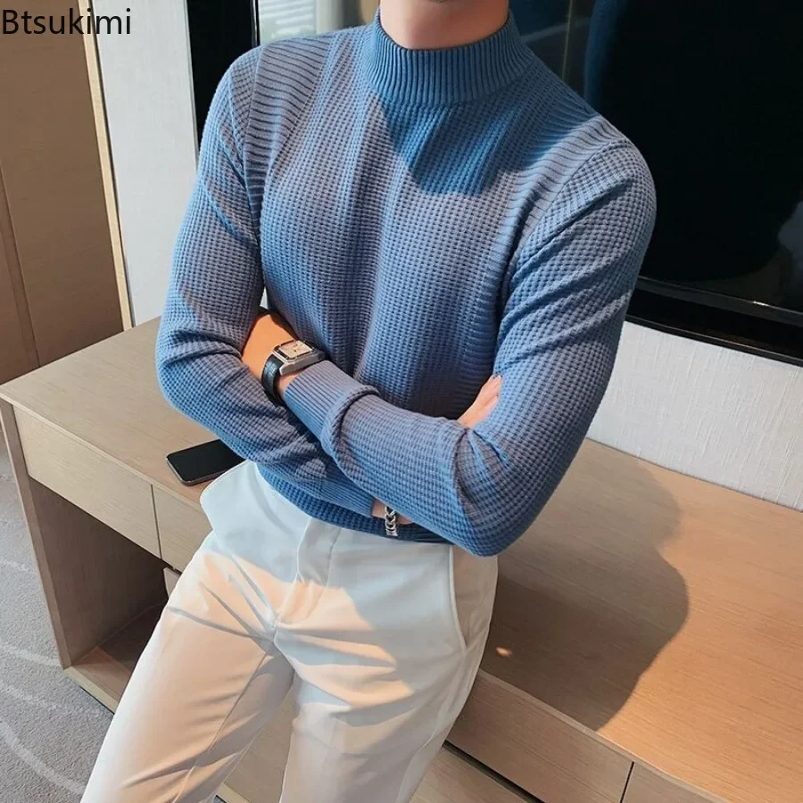 2024 High End Men's Knitted Pullover Sweaters Trend Solid Half High Collar Autumn Winter Bottoming Tops Men Casual Knit Sweaters