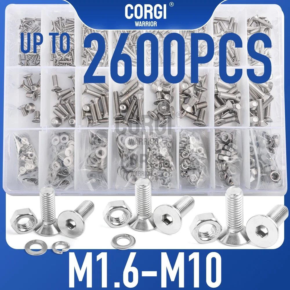 Up to 2600 M1.6 M2 M2.5 M3 M4 M5 M6 M8 M10 Flat Hex Head Socket Cap Screws Assortment Kit 304 Stainless Steel with Nuts Washers