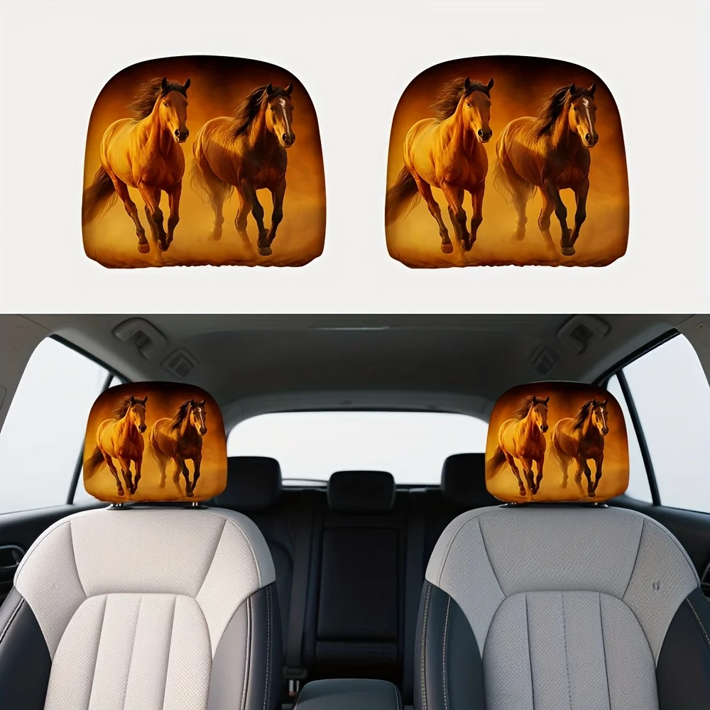 Set of 2 Flat Printed Car Headrest Covers, Easy to Install, Car Decor Featuring a Golden Hour Equine Gallop Design