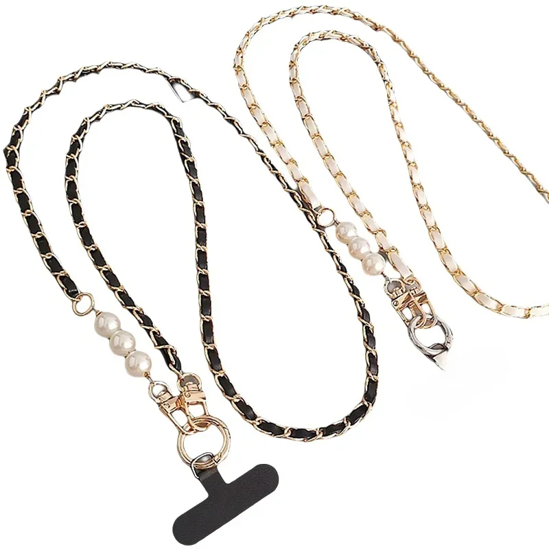 

Phone Lanyard Women's Long Leather Woven Metal Chain with Pearl Phone Case Universal Phone Lanyard Diagonal Cross Bag Decoration