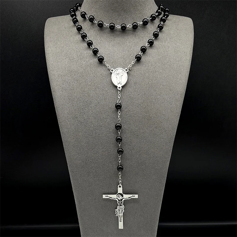 

San Judas Tadeo Jesus Crucifix Cross Pendant Necklace for Men Women Stainless Steel Christian Hematite Beads Long Chain Jewelry