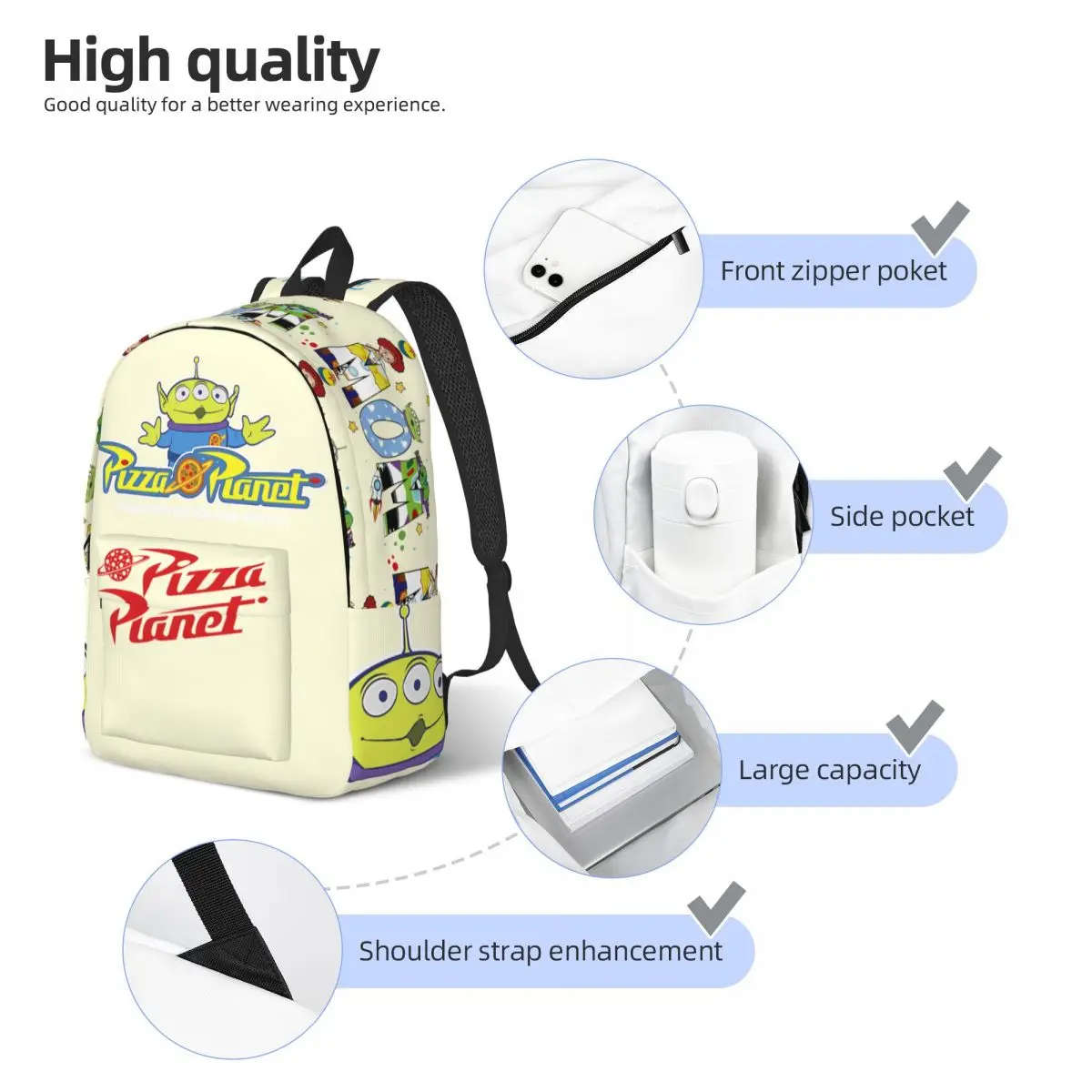 Bolsa de almacenamiento para ordenador portátil, bolso de hombro resistente de Disney, Toy Story, Andy Film, regalo para estudiantes, High Street, al aire libre, Pizza Planet