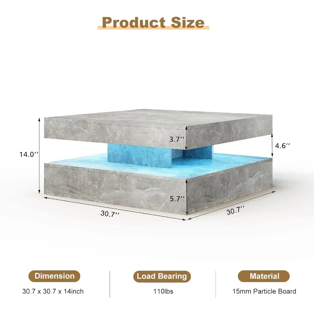 Mesa de centro cuadrada de madera para sala de estar, mesa de centro media moderna de 2 niveles, con luz LED enchufable