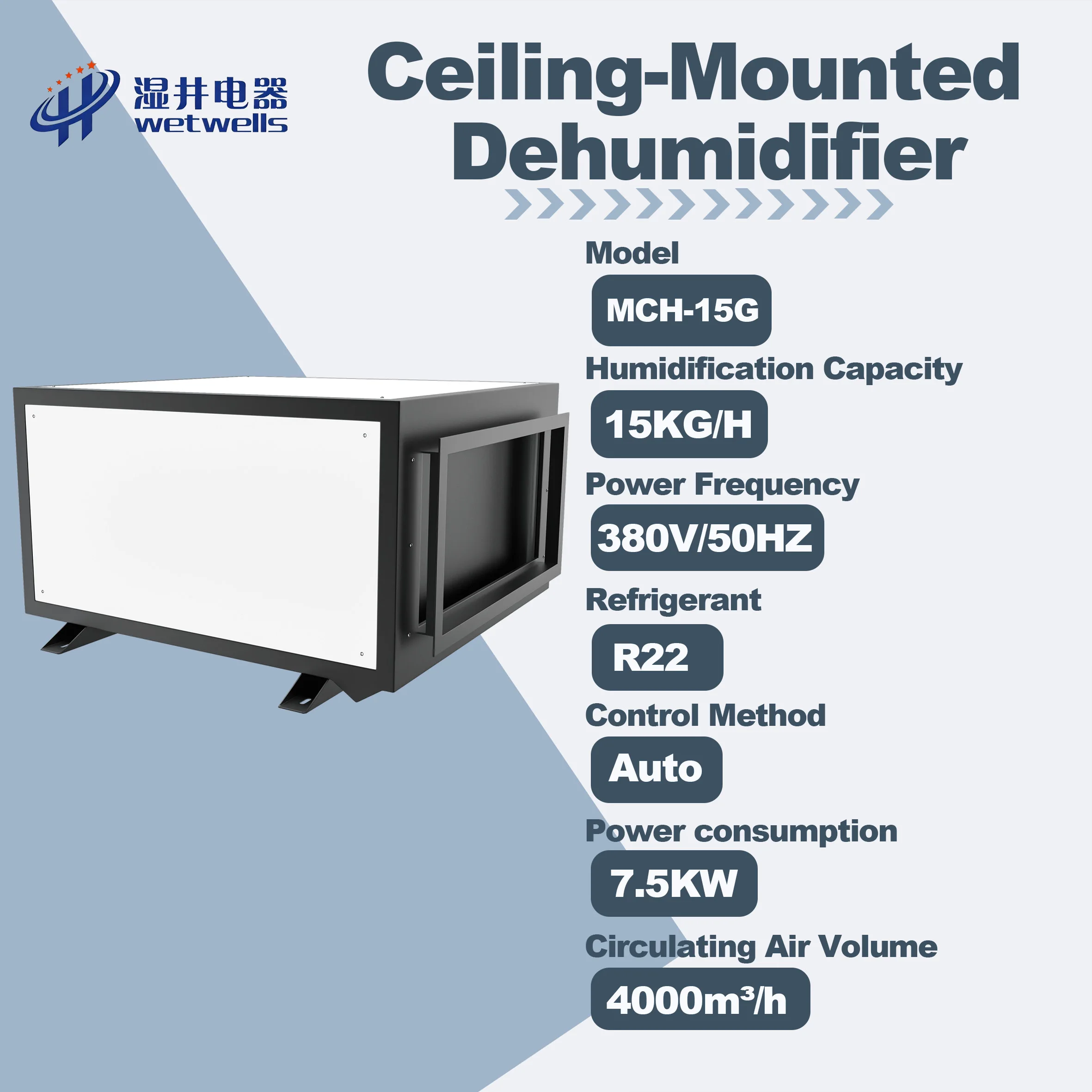 WETWELLS MCH-15G New Electric Adjustable Humidity Ceiling Mounted Dehumidifier 15kg/h 380V Industrial/Commercial Use