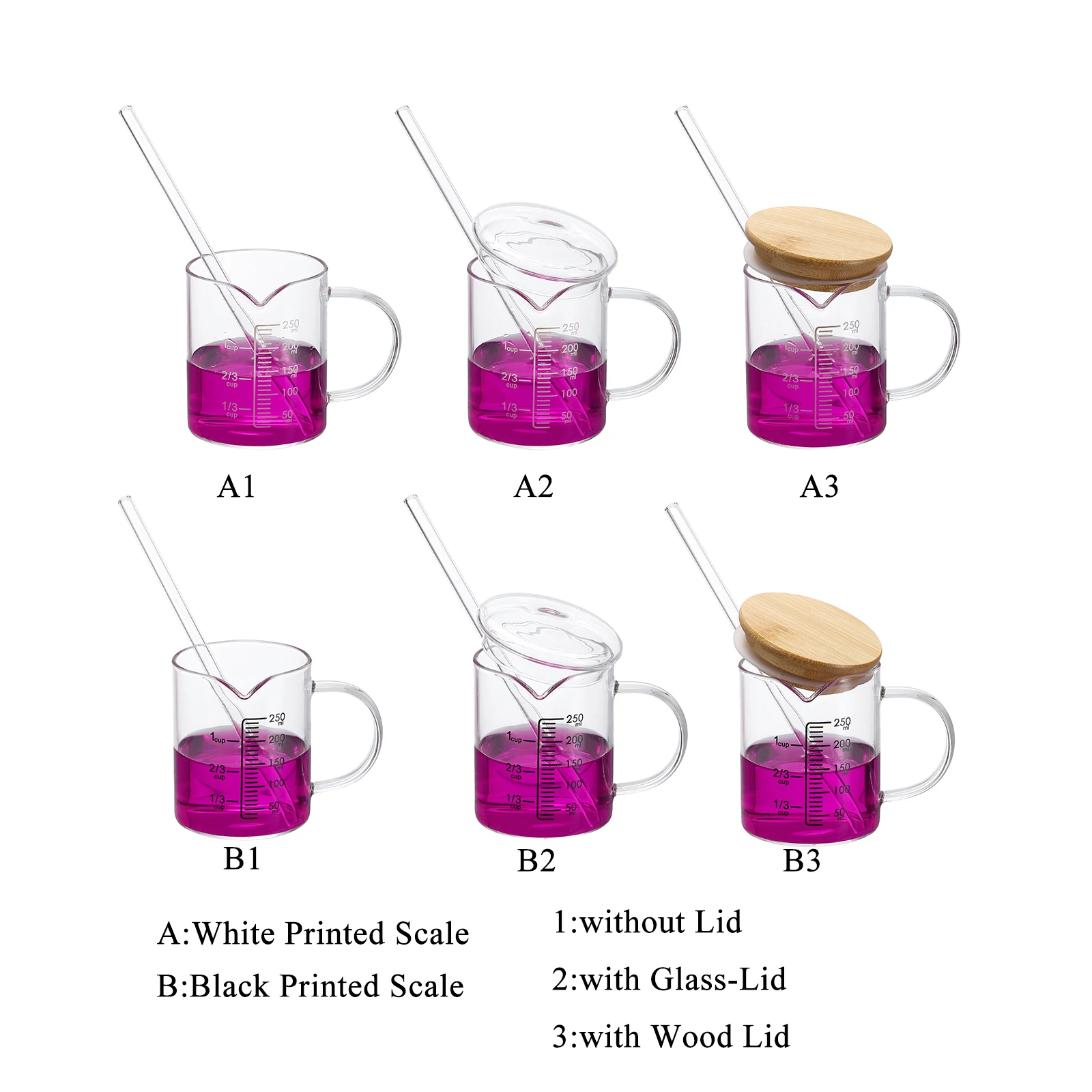 250-1000ml Glass Measuring Cup Borosilicate Glass Beaker Graduated Liquid Measure Cups with Glass/Wood Lid Straw V-Shaped Spout