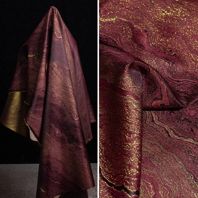 

Wine red gilded jacquard fabric landscape fluid cheongsam coat skirt and pants decorative clothing designer