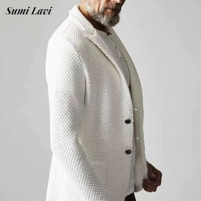 

Vintage Buttoned Lapel Knit Jackets Mens Spring Autumn Casual Solid Color Textured Knitted Cardigans Men Fashion Slim Outerwear