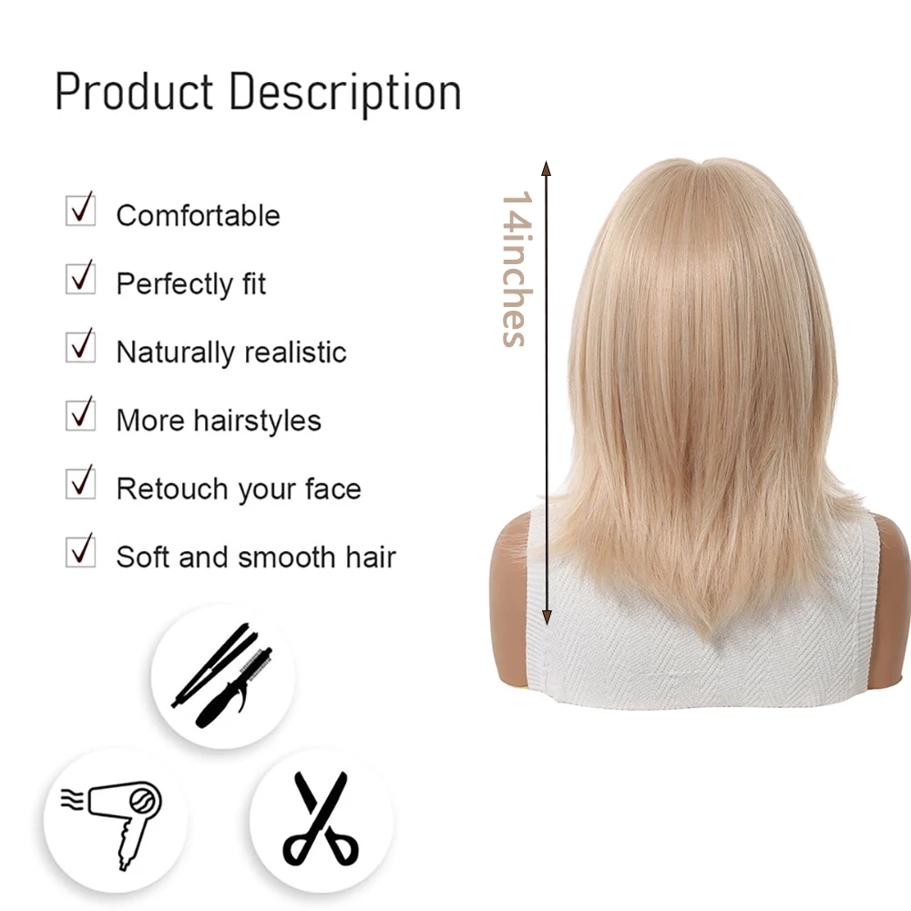 Blonde Lob Wig With Bangs Women Shoulder Length Layered Wavy Natural Soft Heat Resistant Synthetic Hair For Cosplay Party Daily