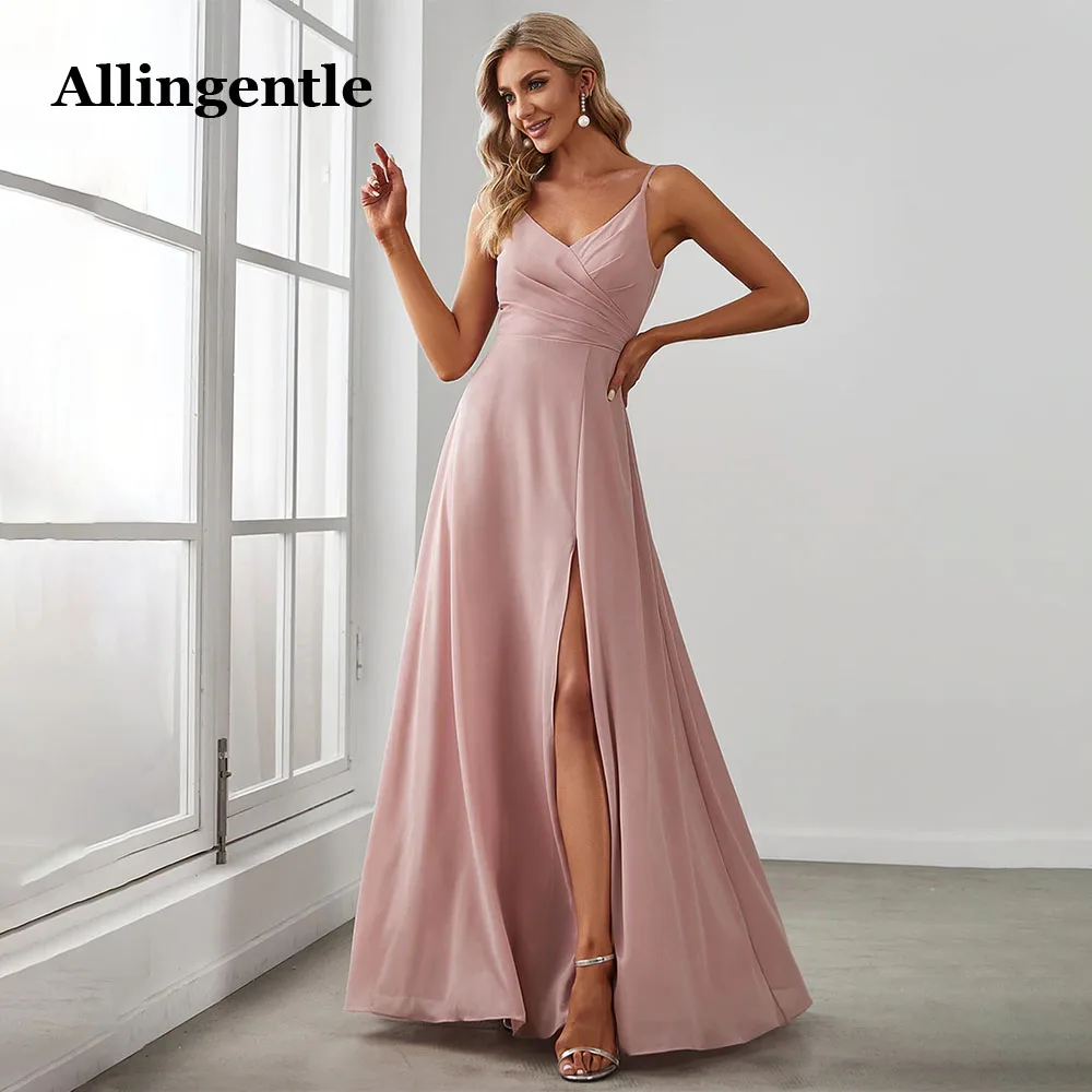 

Allingentle Bridesmaid Dresses Spaghetti Strap V-Neck Floor-Length A-Line Maxi Evening Gowns Chiffon Simple Prom Dress for Women