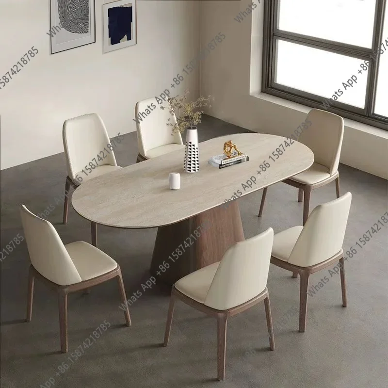 

N67 Retro travertine rock slab dining table Household rectangular dining table Designer solid wood dining table and chair combin
