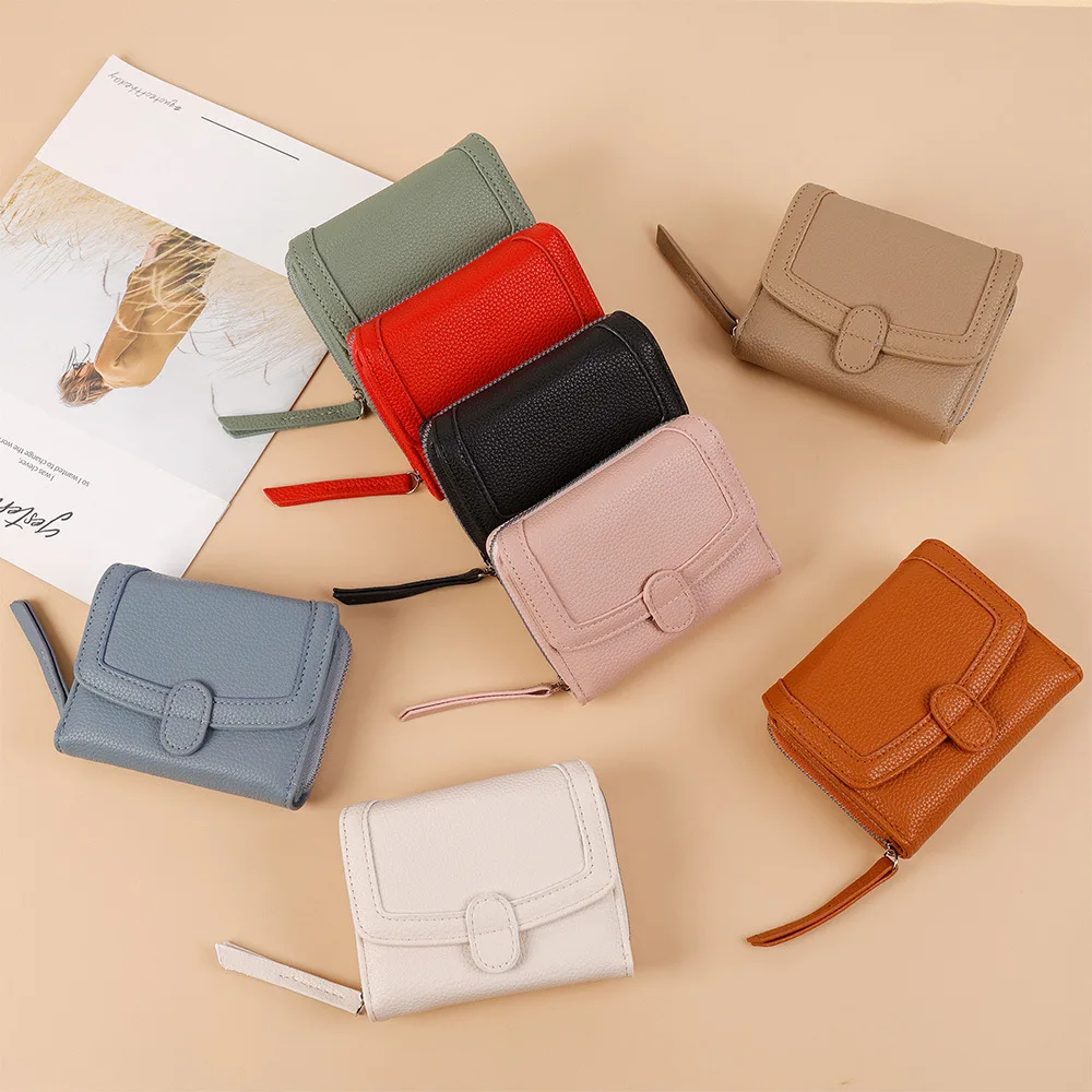 Women PU Leather Short Wallet with Wrist Strap Flap Snap Closure Zipper Pocket Small Card Holder Ladies Daily Travel Clutch