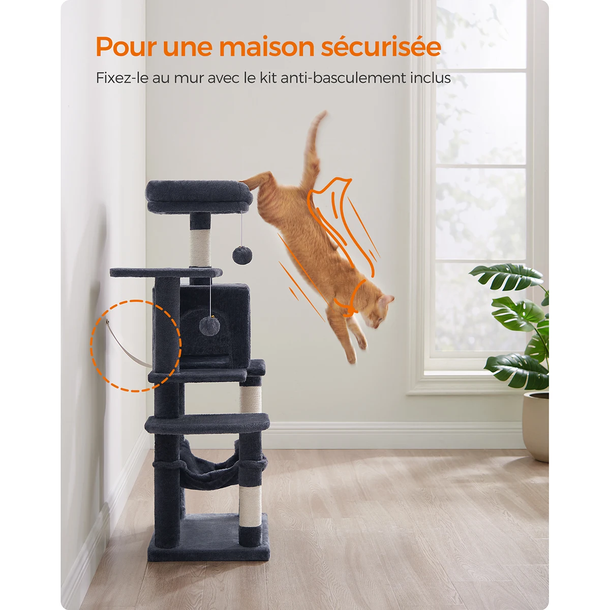 Feandrea Arbre à Chat Hauteur 112 cm, Tour de Jeux pour Chats, avec 4 Poteaux à Griffer, 2 Plateformes, 1 Niche, 1 Hamac, 2 Pompons, en Tissu Peluche, Multi-Niveaux