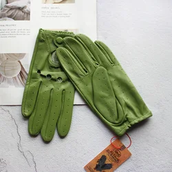 100% 여성용 진짜 가죽 운전 장갑, 싱글 레이어 얇은 패션, 중공 통기성 짧은 드라이버 장갑, 봄 및 여름