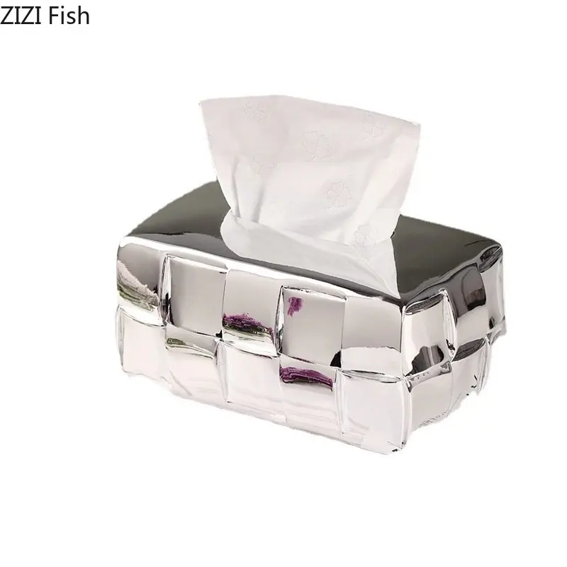 Asymmetric Grid Silver Plated Tissue Box Creative Decorative Paper Towel Case Coffee Table Desktop Tissue Boxes Modern Decor