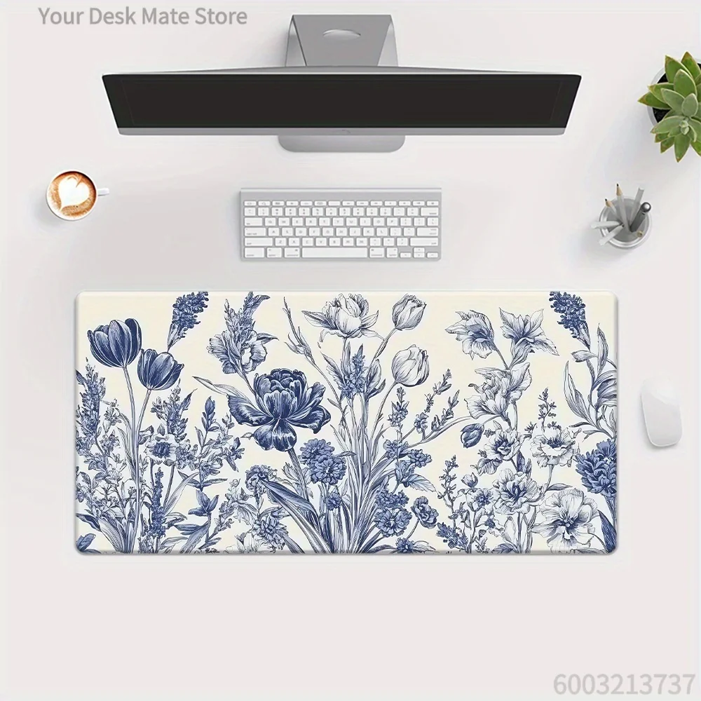 Boho Botanical Desk Pad Blue Sketch Flower Retro Color Stripe Watercolor Bloom Cherry Blossom Mousepad Non‑Slip Rubber Desk Deco