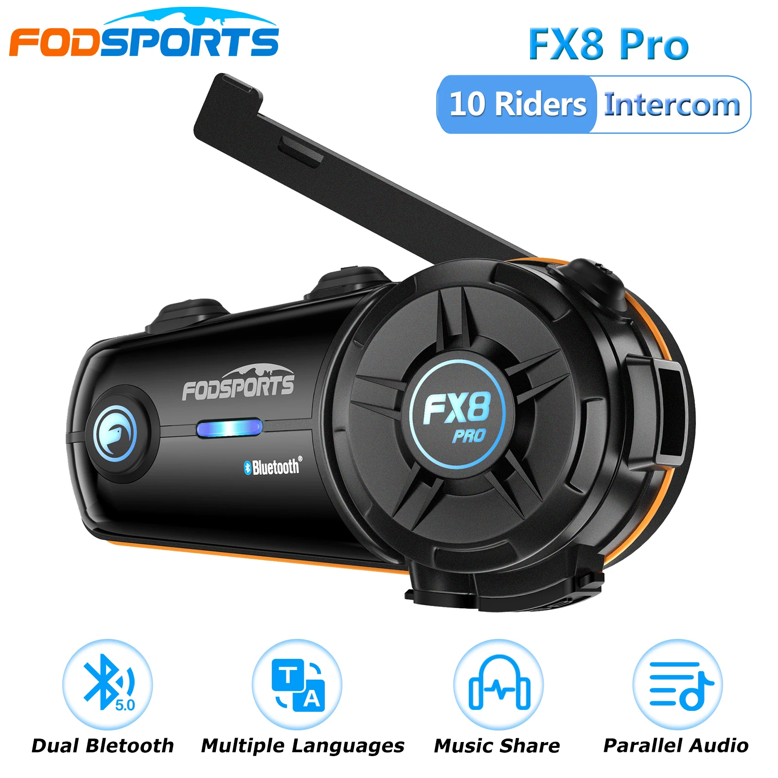 Fodsports FX8 Pro Motorcycle Intercom Dual Bluetooth Helmet Headset for 8 Riders 1000M Interphone Music Share Audio Mixing FM