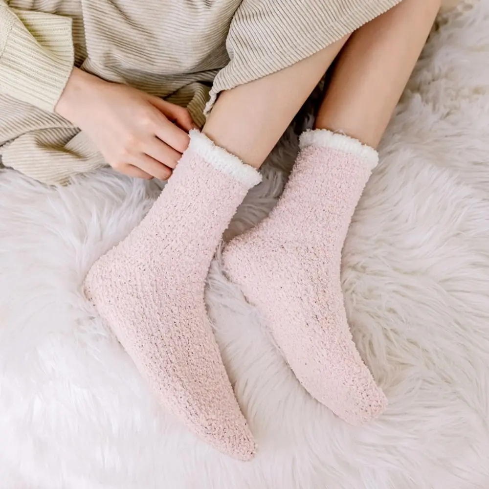 

6Pairs Cute Plush Solid Fleece Socks Thicken Warm Coral Fleece Socks Soft Hosiery Winter Floor Socks Fall Winter