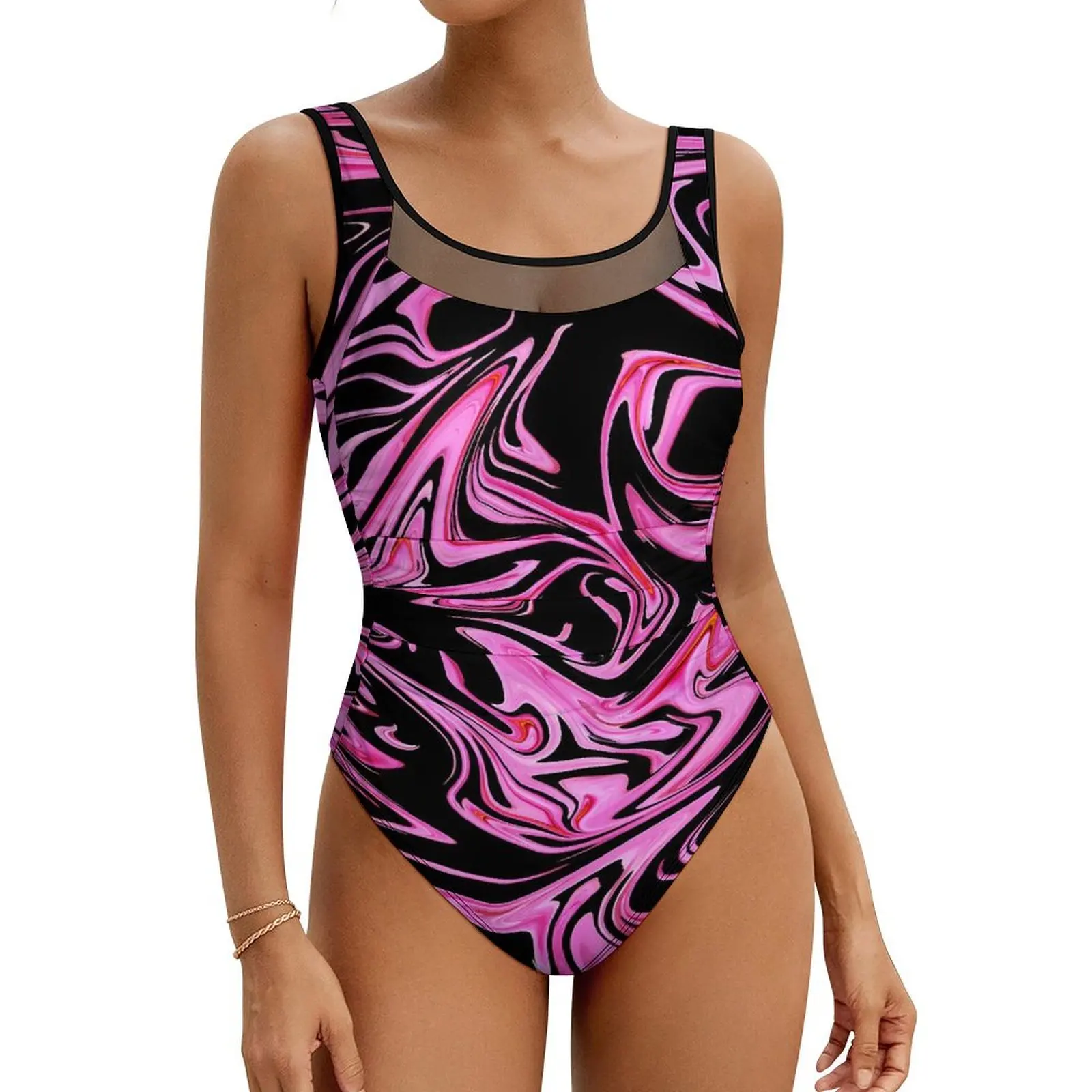 

Marble Swimsuit Sexy Pink And Black Liquid One-Piece Swimwear Push Up Bodysuit Fantasy Vacation Bath Beach Wear