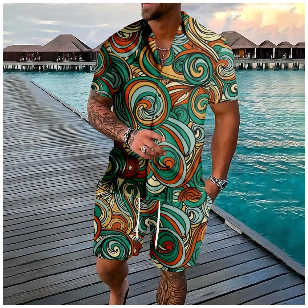 Hawaiian Sets Swirl Pattern Button Shirts Shorts Summer Mix Colors Fashion Beach Hipster Streetwear Tracksuits Mens Clothing