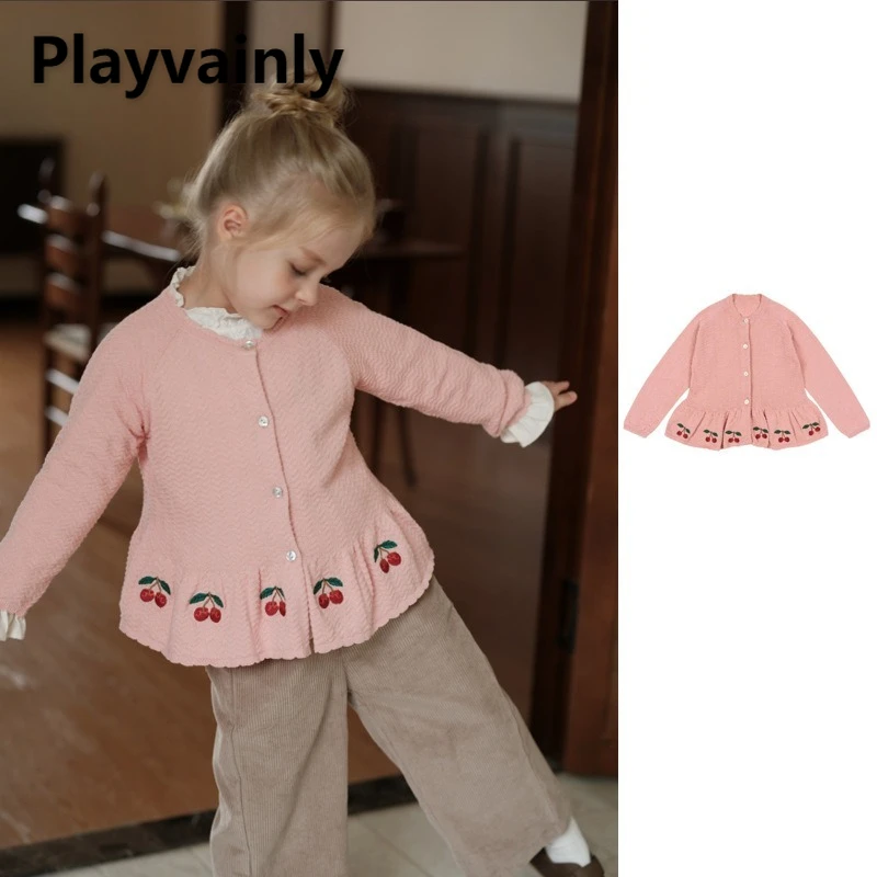 

Милые вязаные пальто для девочек, весна-осень, вишневый подол с вышивкой, розовые однобортные свитера, кардиган, детская одежда W5126