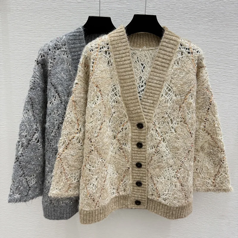 High Quality Women's 2026 Autumn Winter New Hollow Jacquard Sequin V-neck Big Button Knitted Cardigan