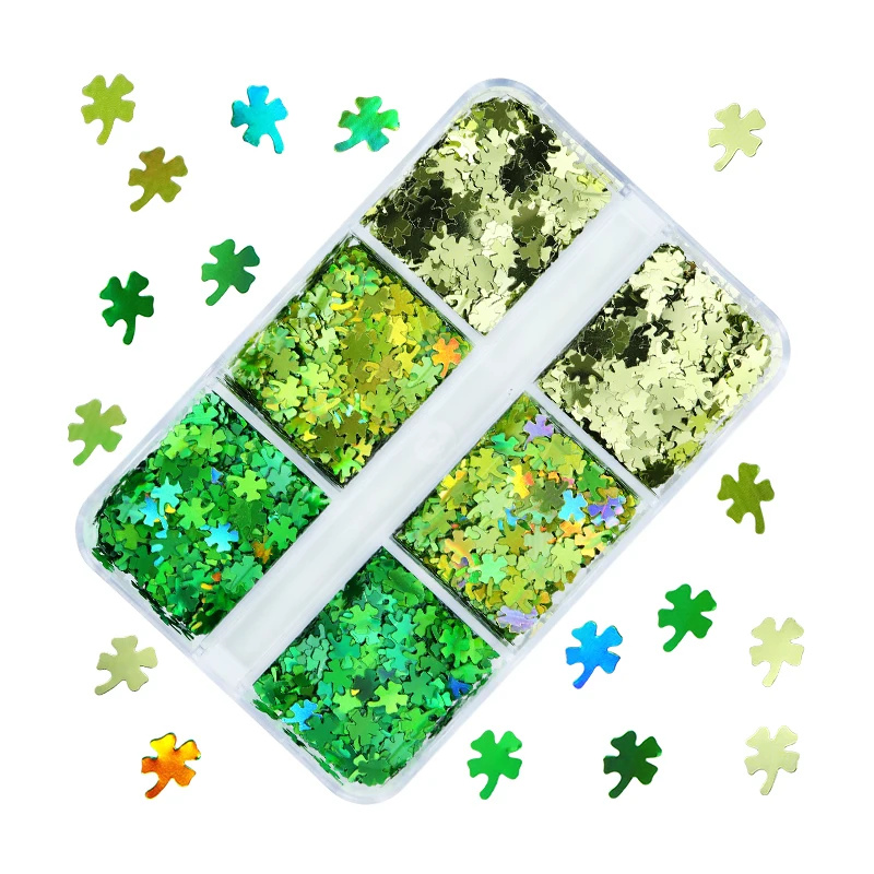 Holographic Glitter Four Leaf Clover Nail Accessories Laser Green UV Sequins Nail Art Charms For Ireland St.Patrick's Day Design